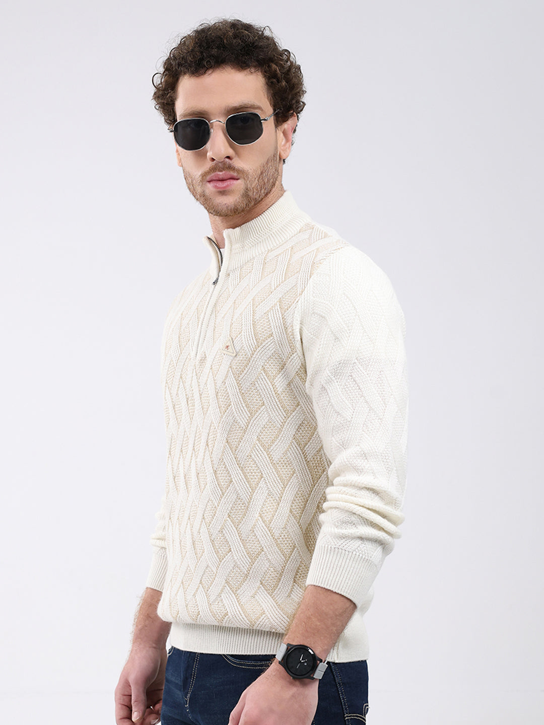 Men White Self Design Mock Neck Full Sleeve Pullover