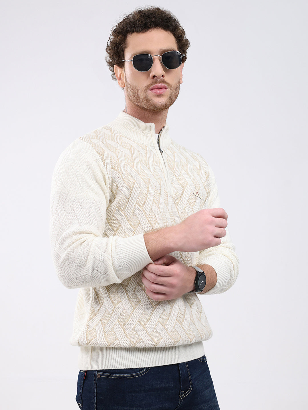 Men White Self Design Mock Neck Full Sleeve Pullover
