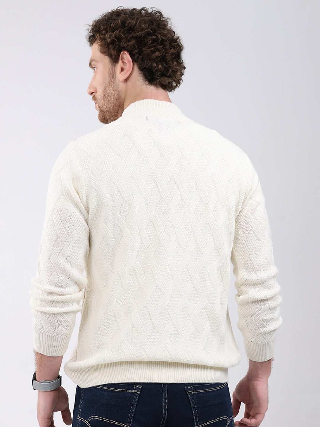 Men White Self Design Mock Neck Full Sleeve Pullover