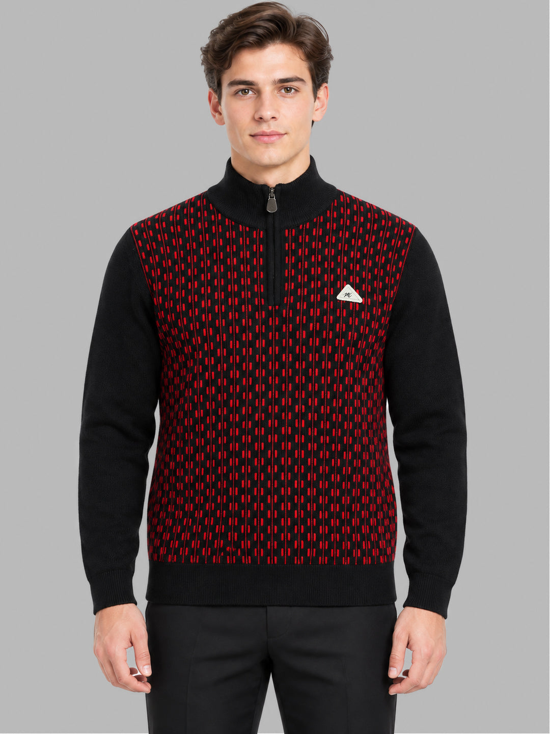 Men Black Jacquard Collar Full Sleeve Pullover