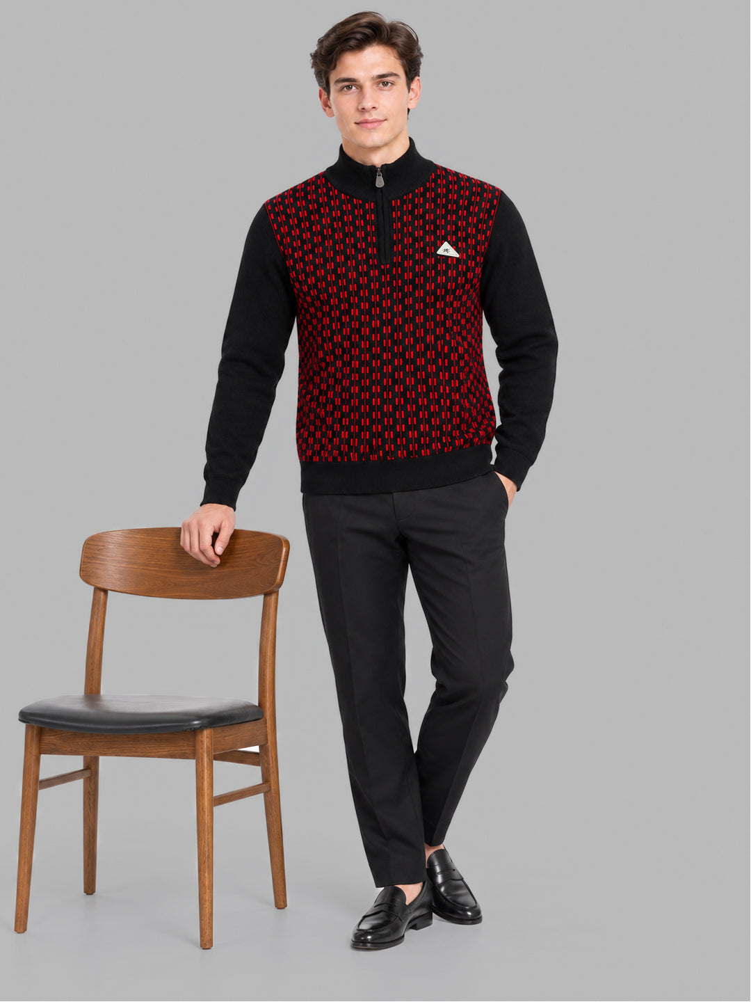 Men Black Jacquard Collar Full Sleeve Pullover