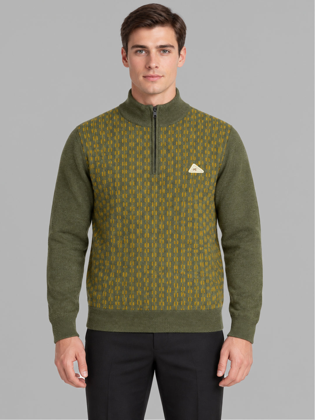 Men Green Jacquard Collar Full Sleeve Pullover