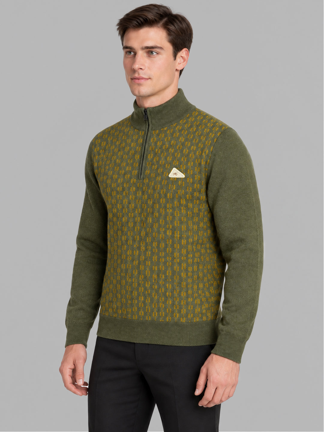 Men Green Jacquard Collar Full Sleeve Pullover