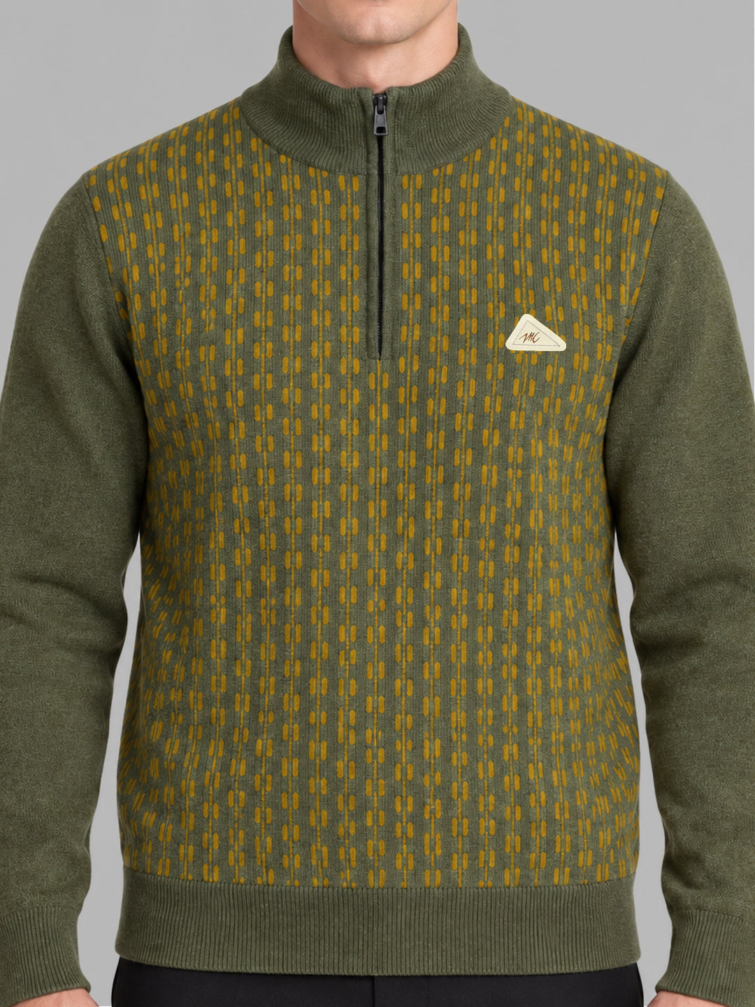 Men Green Jacquard Collar Full Sleeve Pullover