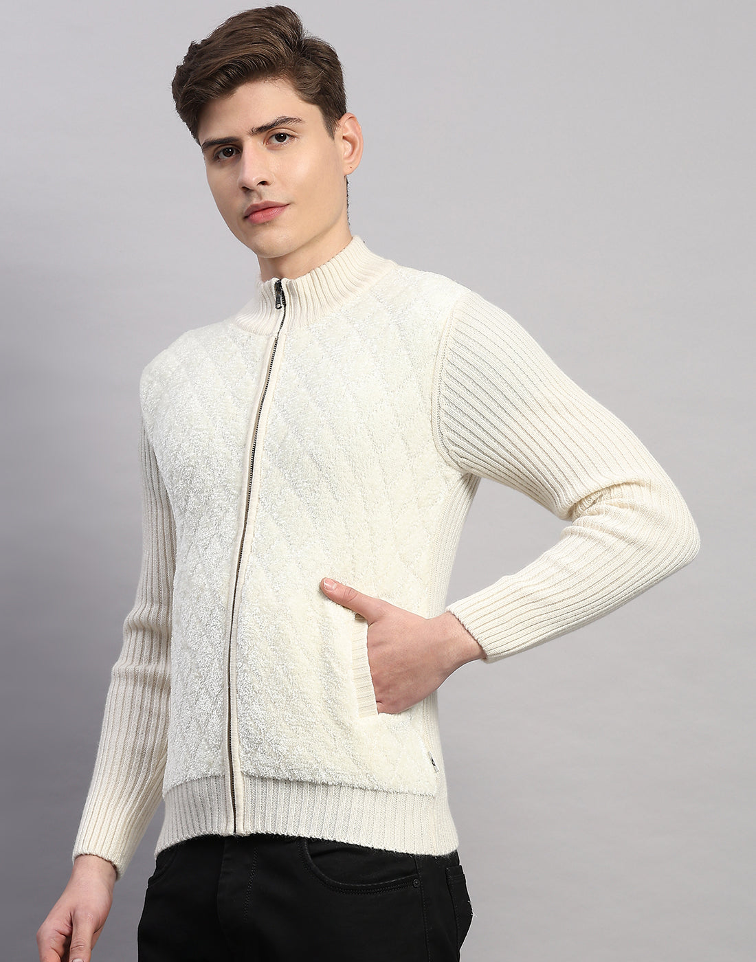 Men White Printed Turtle Neck Full Sleeve Pullover