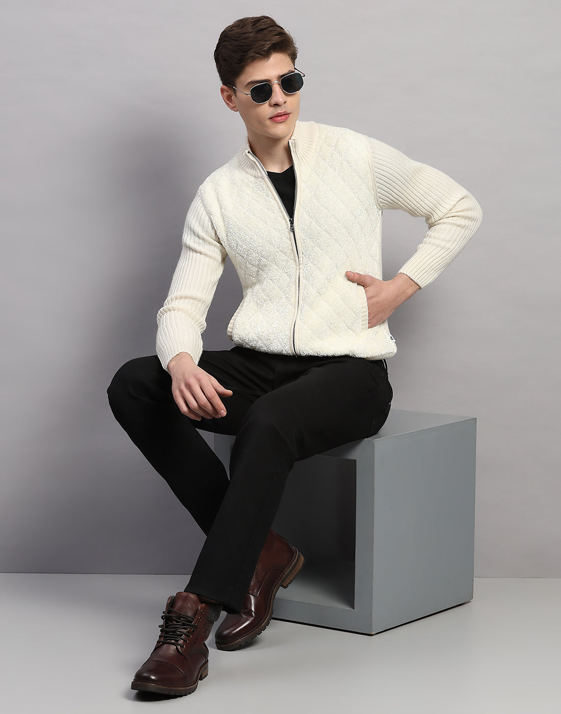 Men White Printed Turtle Neck Full Sleeve Pullover