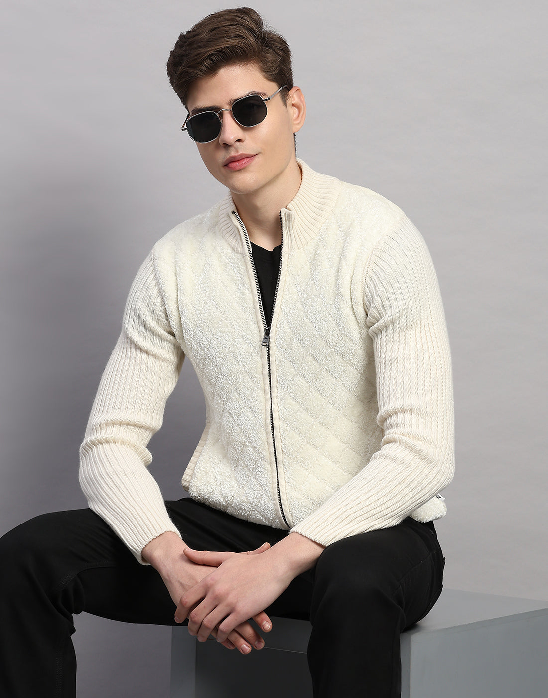 Men White Printed Turtle Neck Full Sleeve Pullover