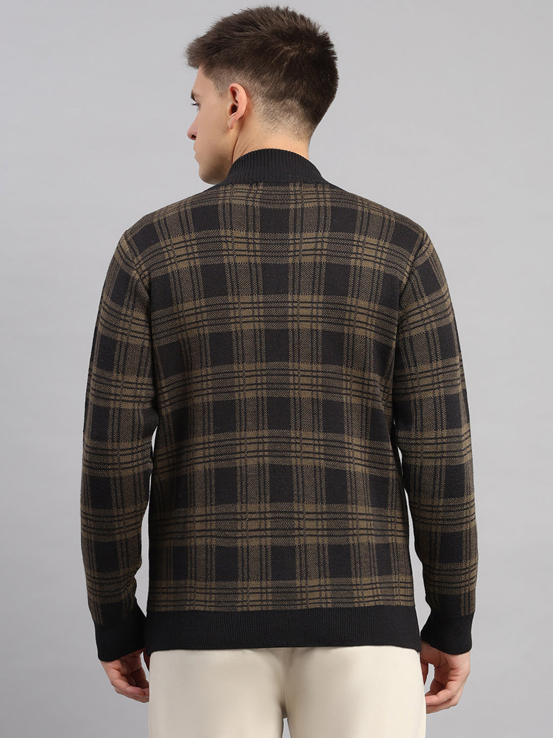 Men Black Self Design Round Neck Full Sleeve Pullover