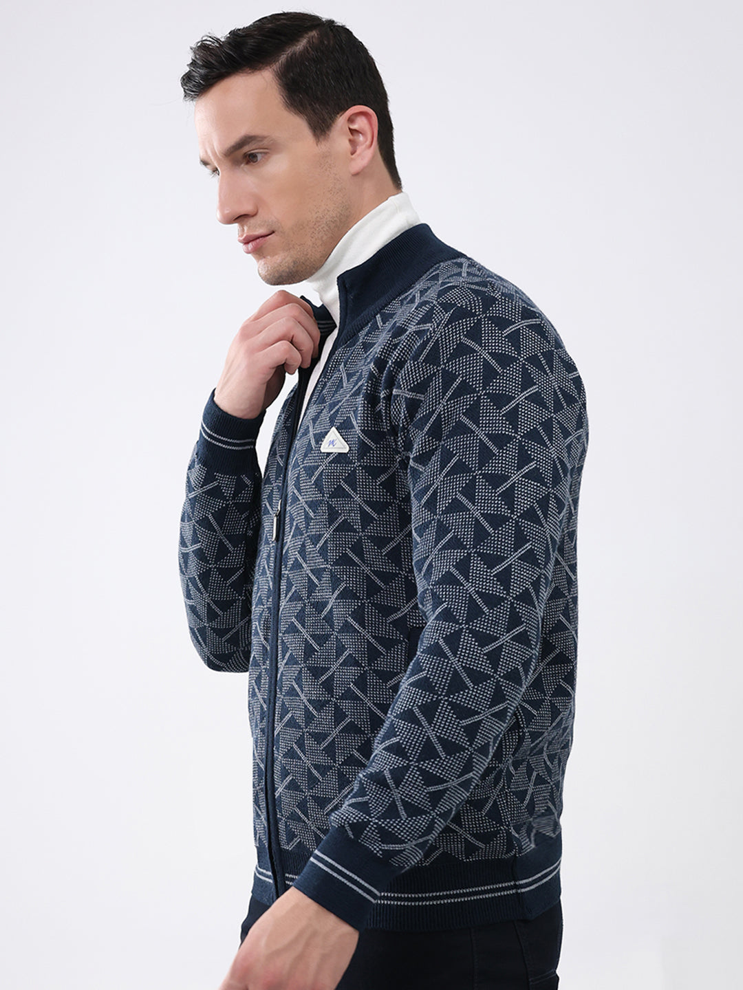 Men Navy Blue Self Design Mock Neck Full Sleeve Pullover