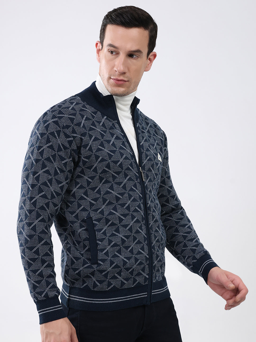 Men Navy Blue Self Design Mock Neck Full Sleeve Pullover