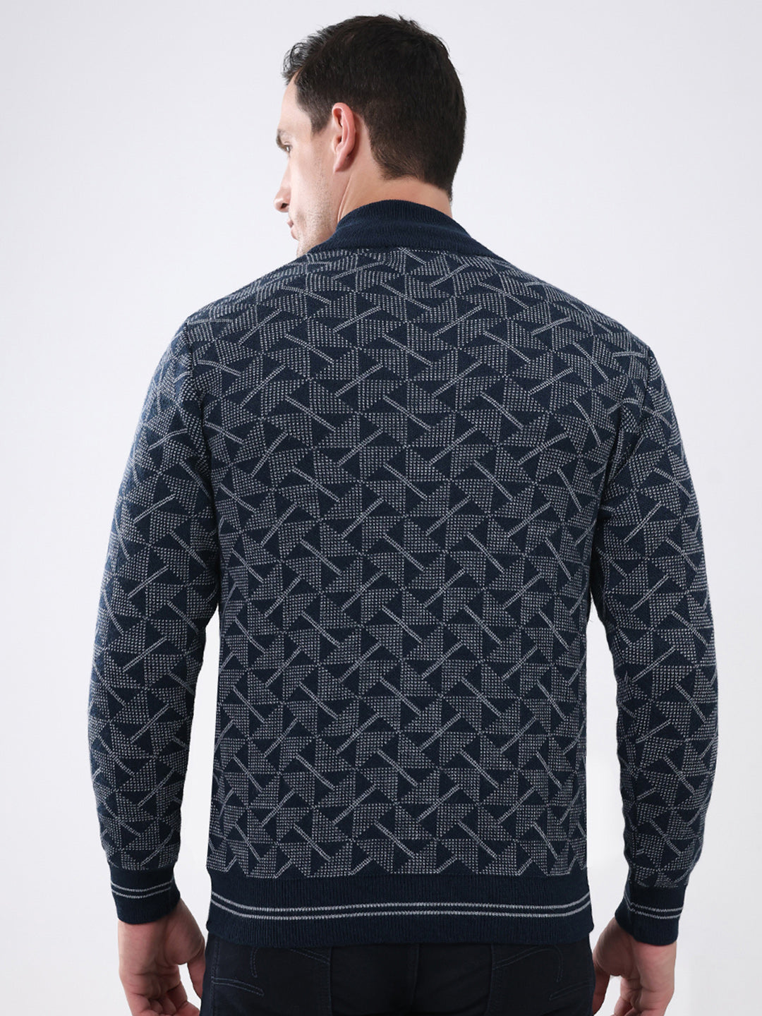 Men Navy Blue Self Design Mock Neck Full Sleeve Pullover