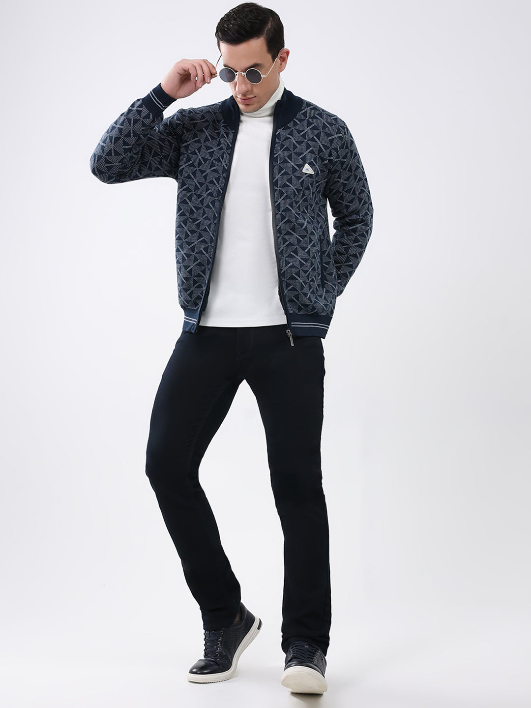 Men Navy Blue Self Design Mock Neck Full Sleeve Pullover