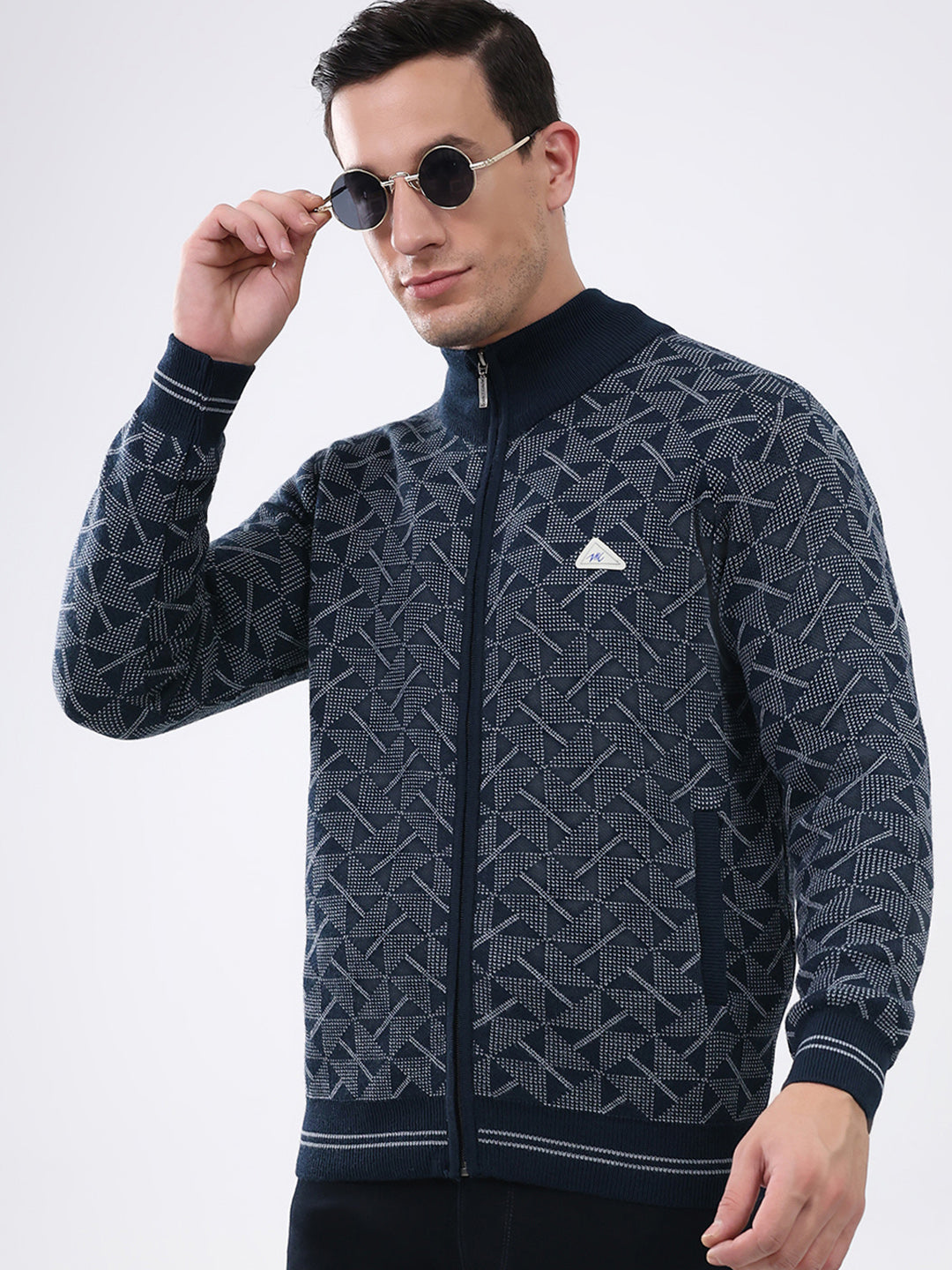 Men Navy Blue Self Design Mock Neck Full Sleeve Pullover