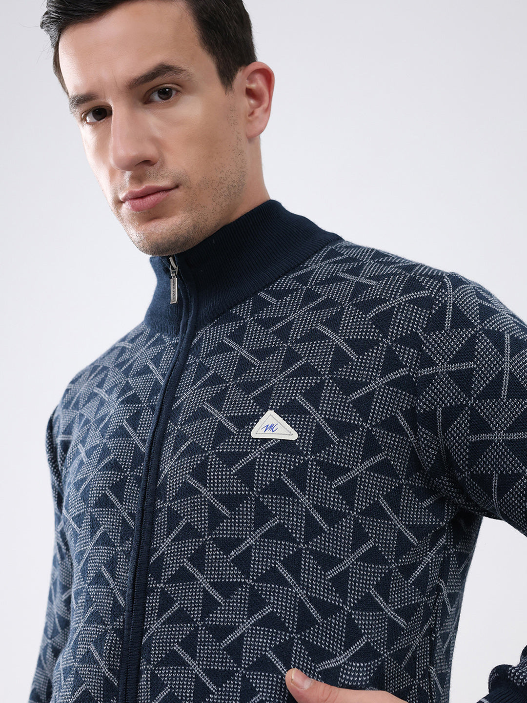 Men Navy Blue Self Design Mock Neck Full Sleeve Pullover