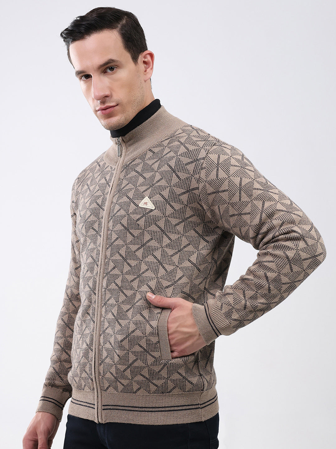 Men Beige Self Design Mock Neck Full Sleeve Pullover