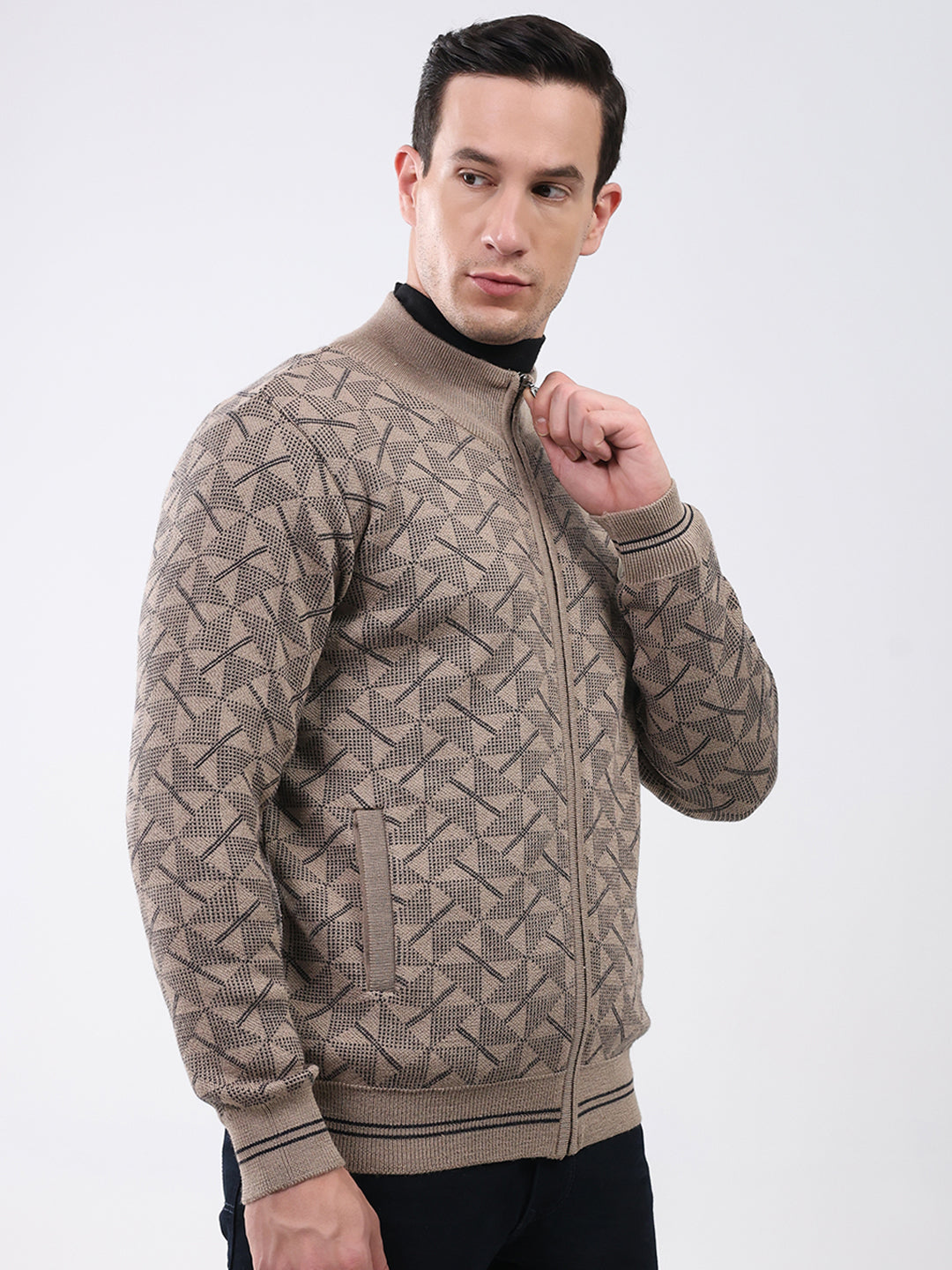 Men Beige Self Design Mock Neck Full Sleeve Pullover