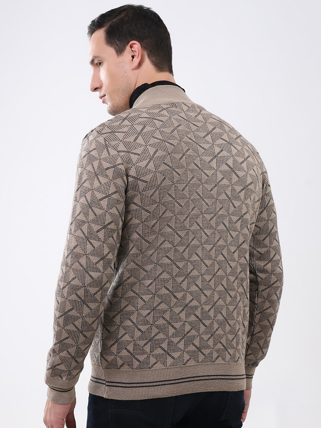 Men Beige Self Design Mock Neck Full Sleeve Pullover