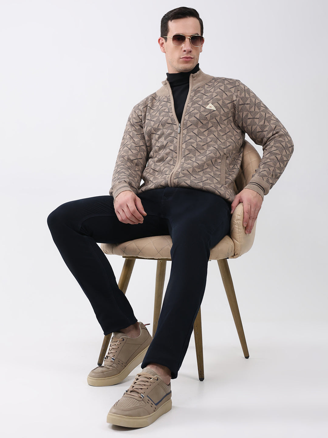 Men Beige Self Design Mock Neck Full Sleeve Pullover