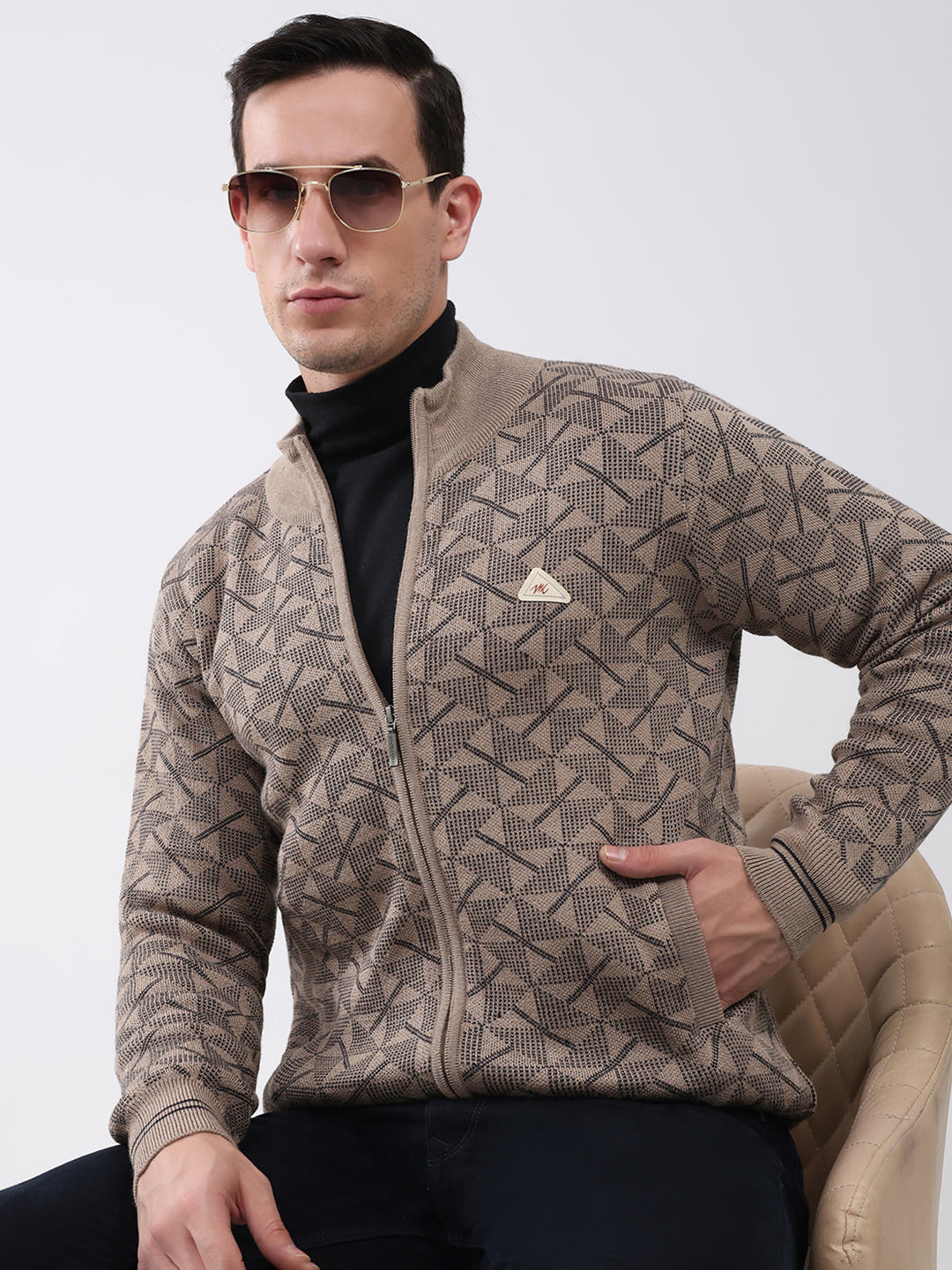 Men Beige Self Design Mock Neck Full Sleeve Pullover