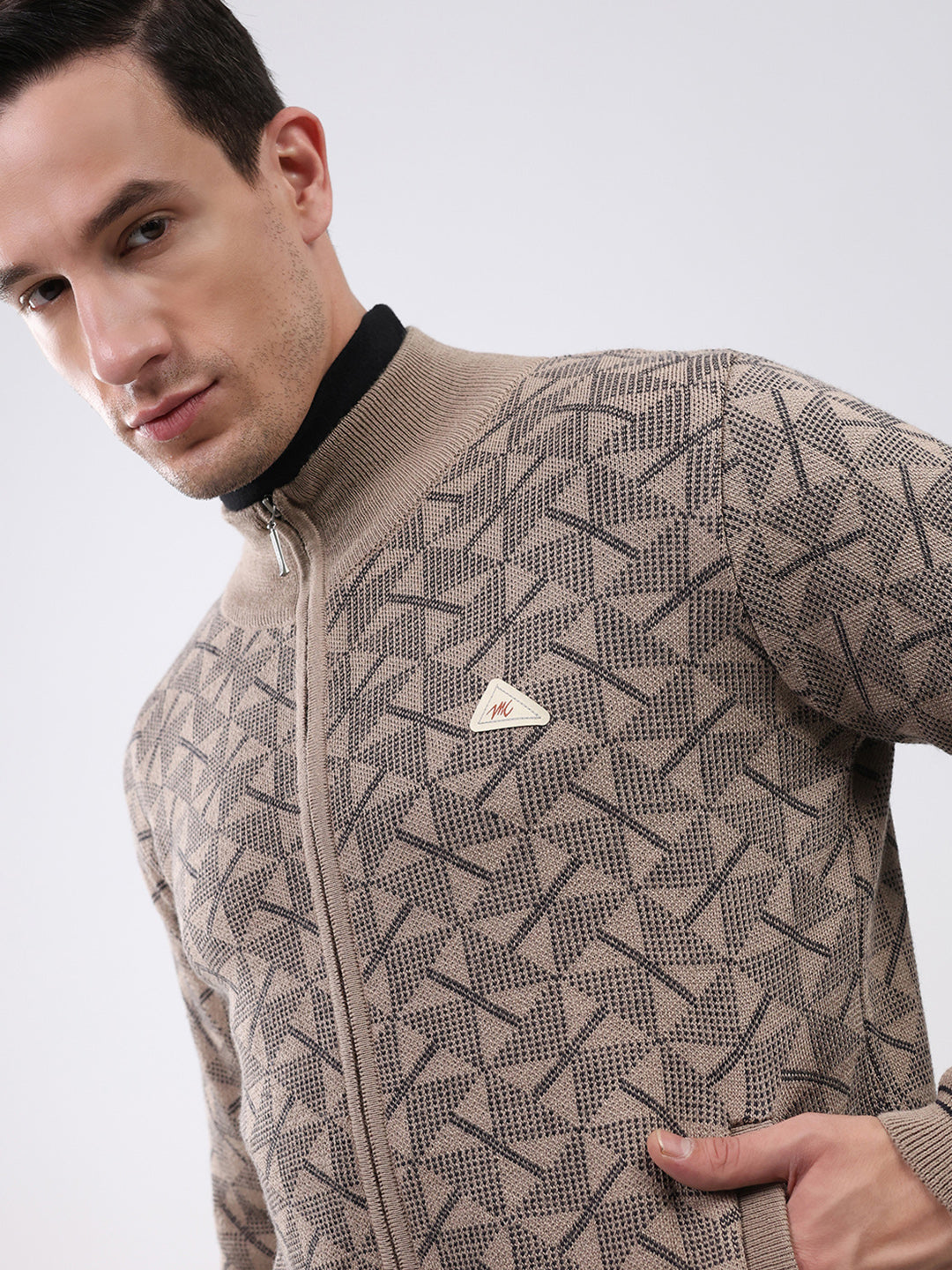 Men Beige Self Design Mock Neck Full Sleeve Pullover