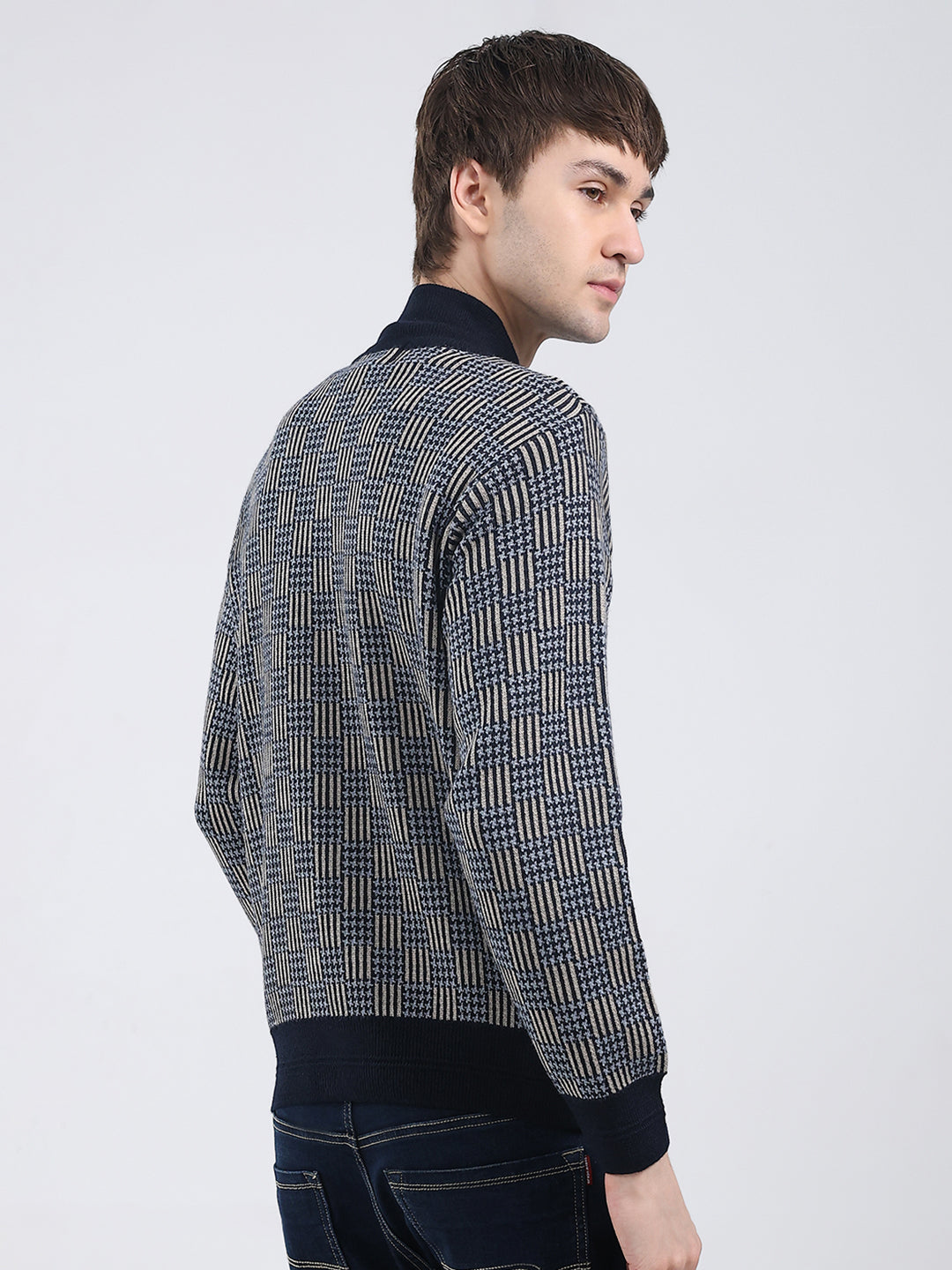 Men Navy Blue Self Design Mock Neck Full Sleeve Pullover