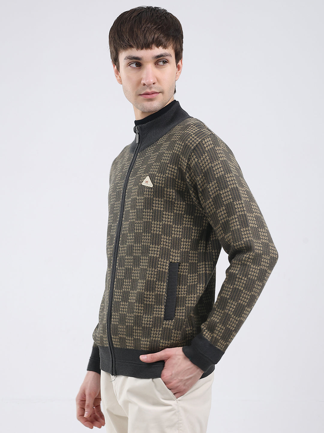 Men Green Self Design Mock Neck Full Sleeve Pullover