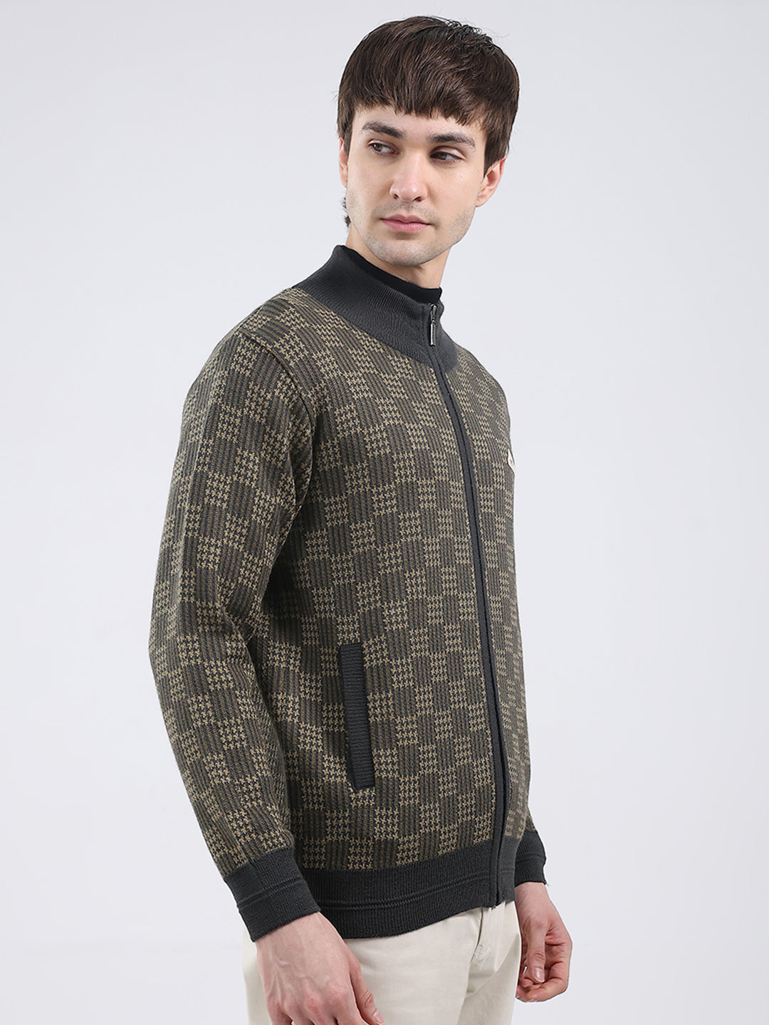 Men Green Self Design Mock Neck Full Sleeve Pullover