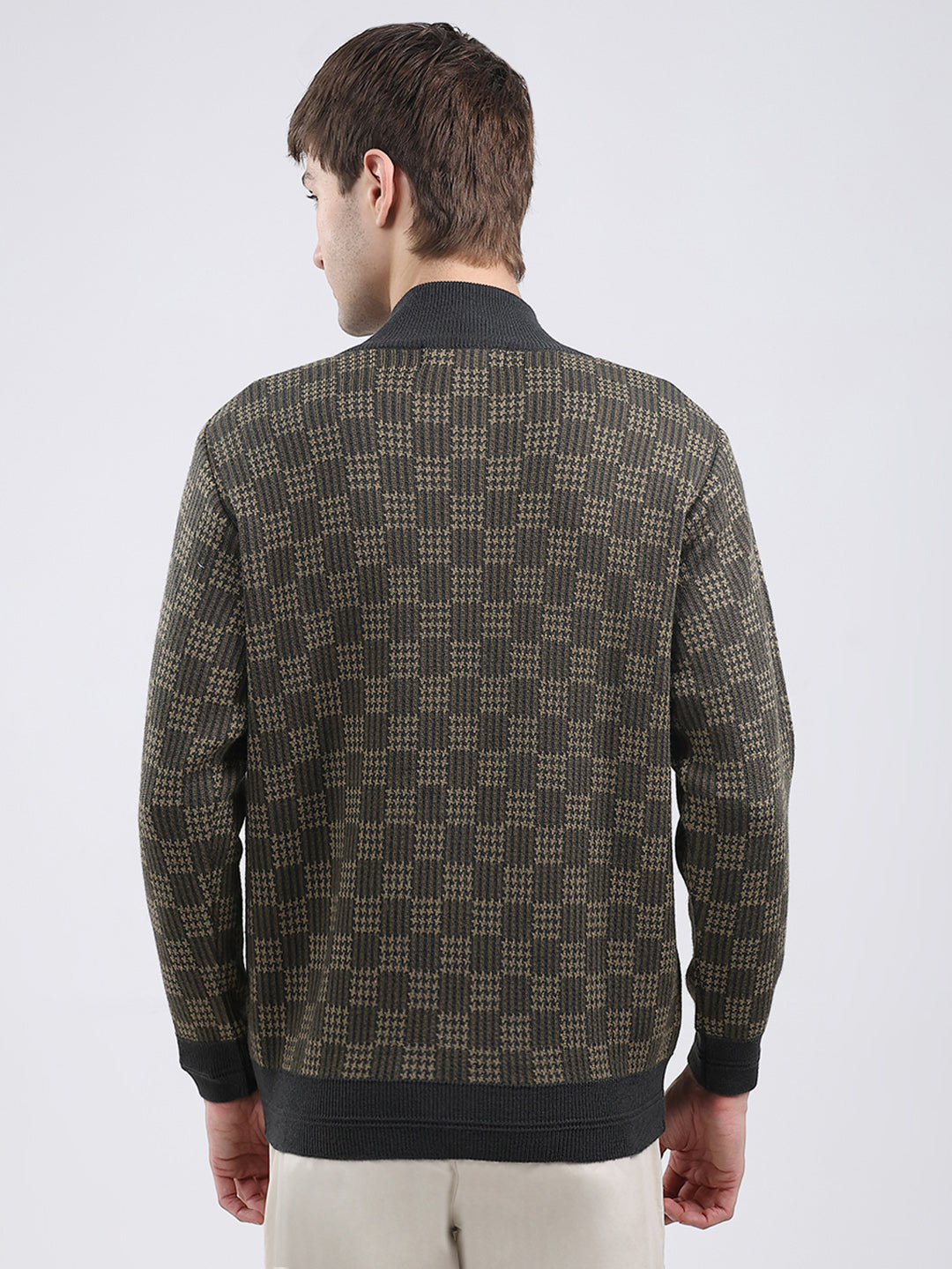 Men Green Self Design Mock Neck Full Sleeve Pullover