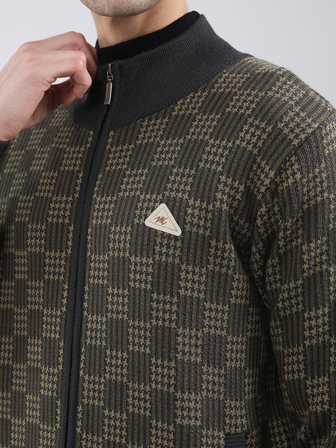 Men Green Self Design Mock Neck Full Sleeve Pullover