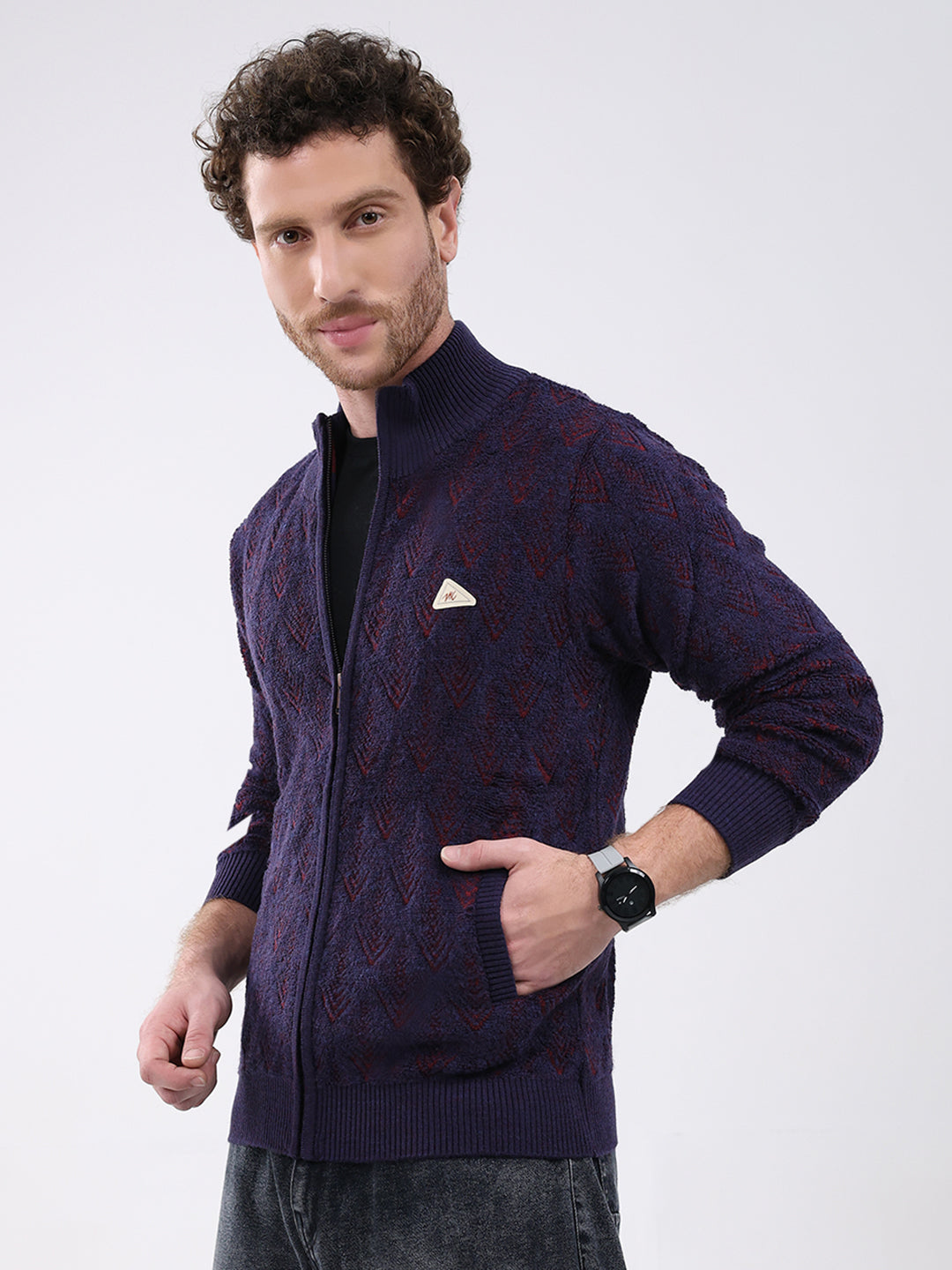 Men Purple Self Design Mock Neck Full Sleeve Pullover