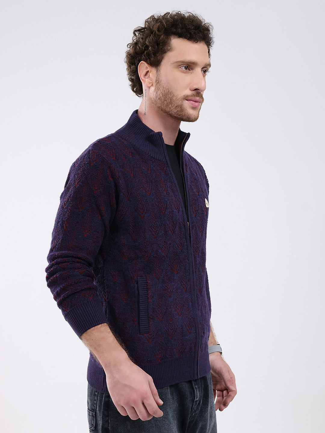 Men Purple Self Design Mock Neck Full Sleeve Pullover