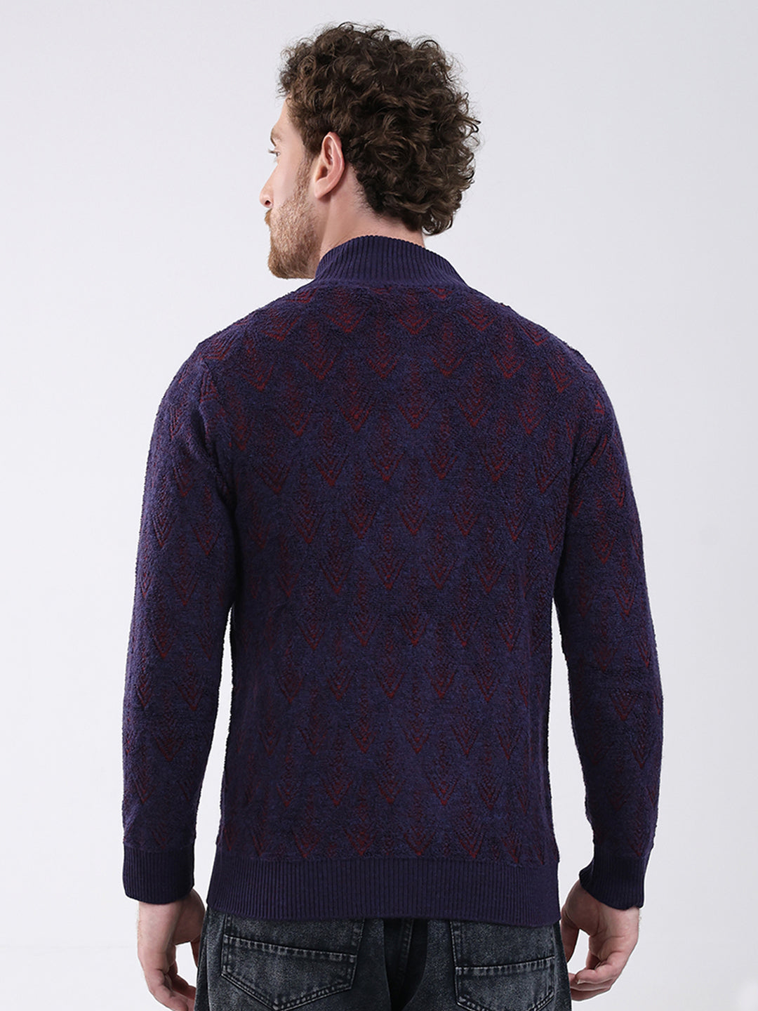 Men Purple Self Design Mock Neck Full Sleeve Pullover