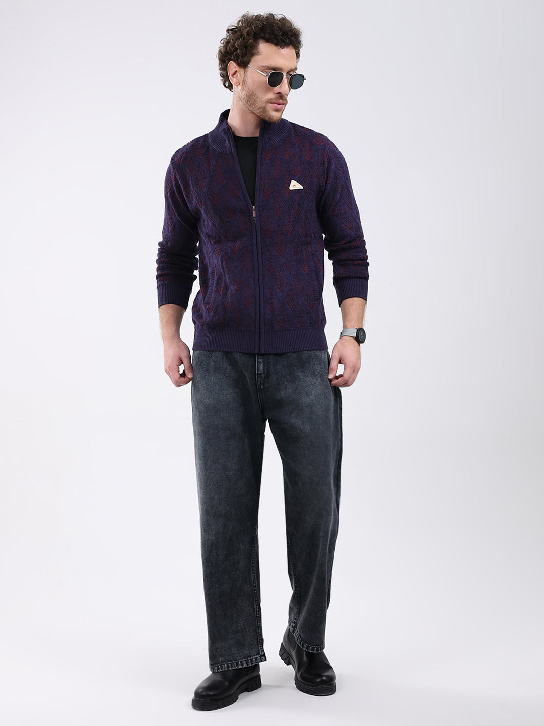 Men Purple Self Design Mock Neck Full Sleeve Pullover