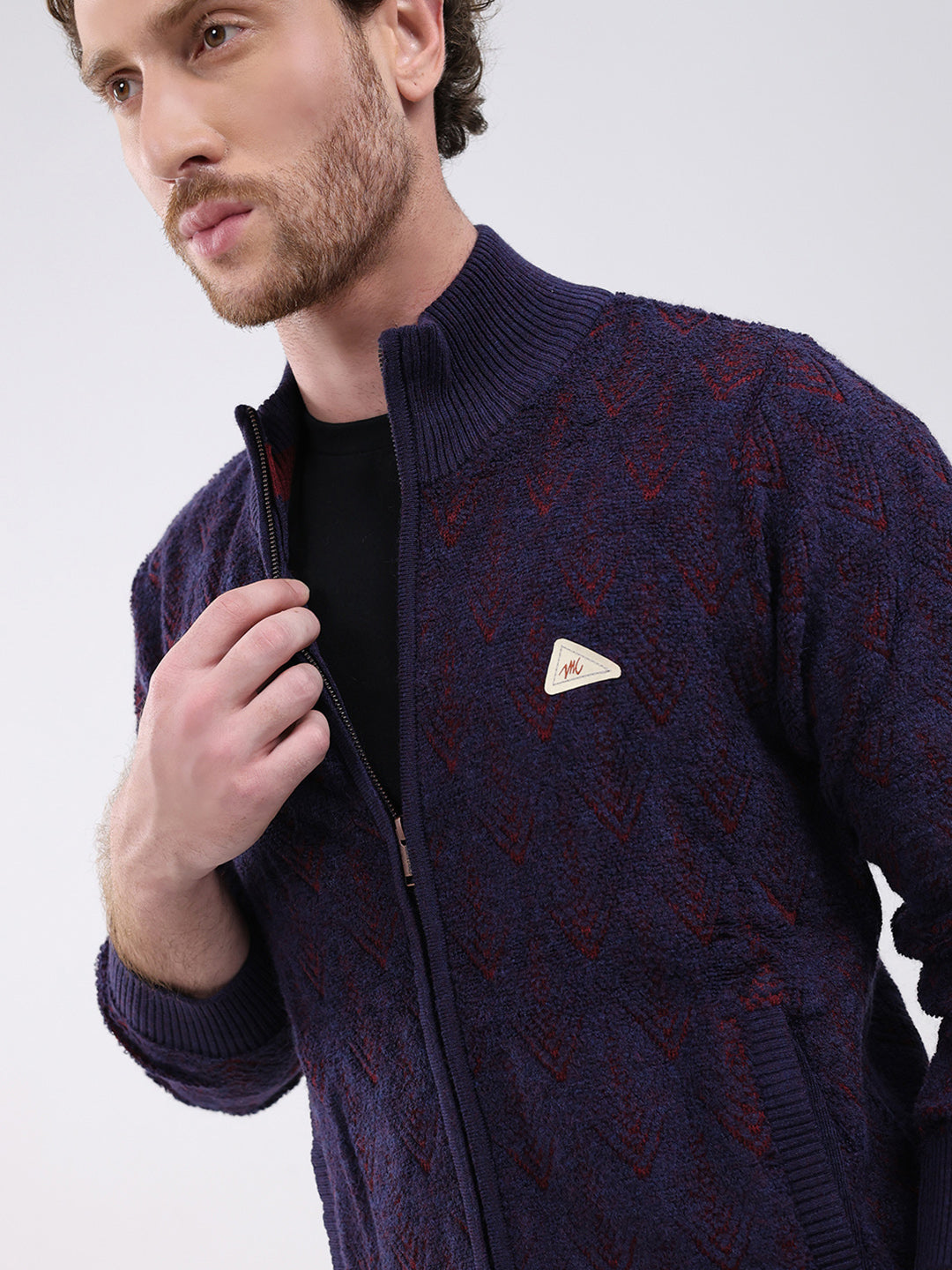 Men Purple Self Design Mock Neck Full Sleeve Pullover