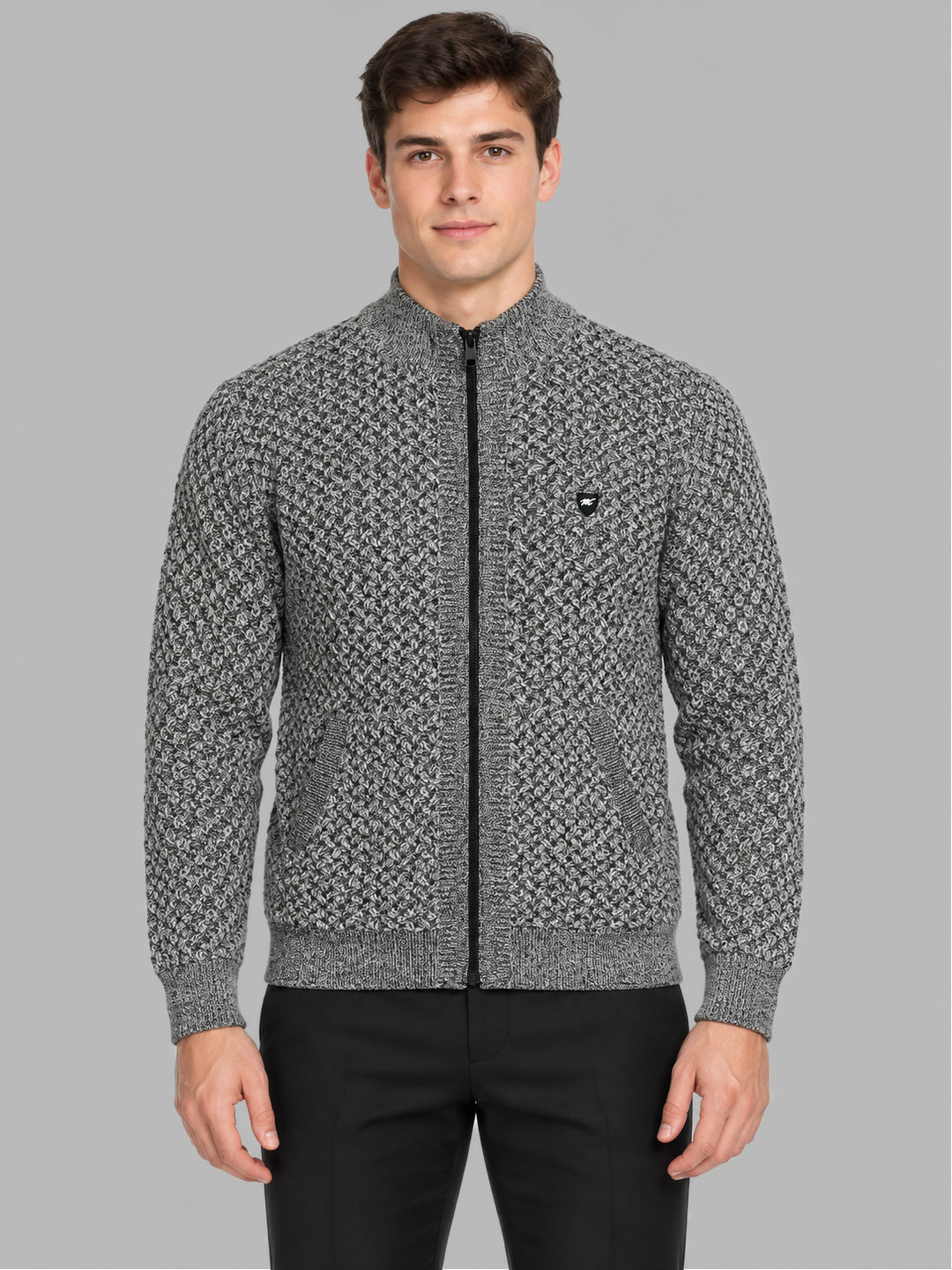 Men Black Self Design Collar Full Sleeve Pullover