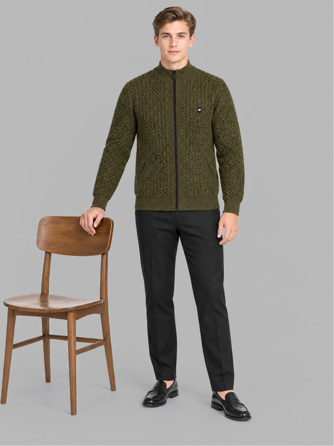 Men Green Self Design Collar Full Sleeve Pullover