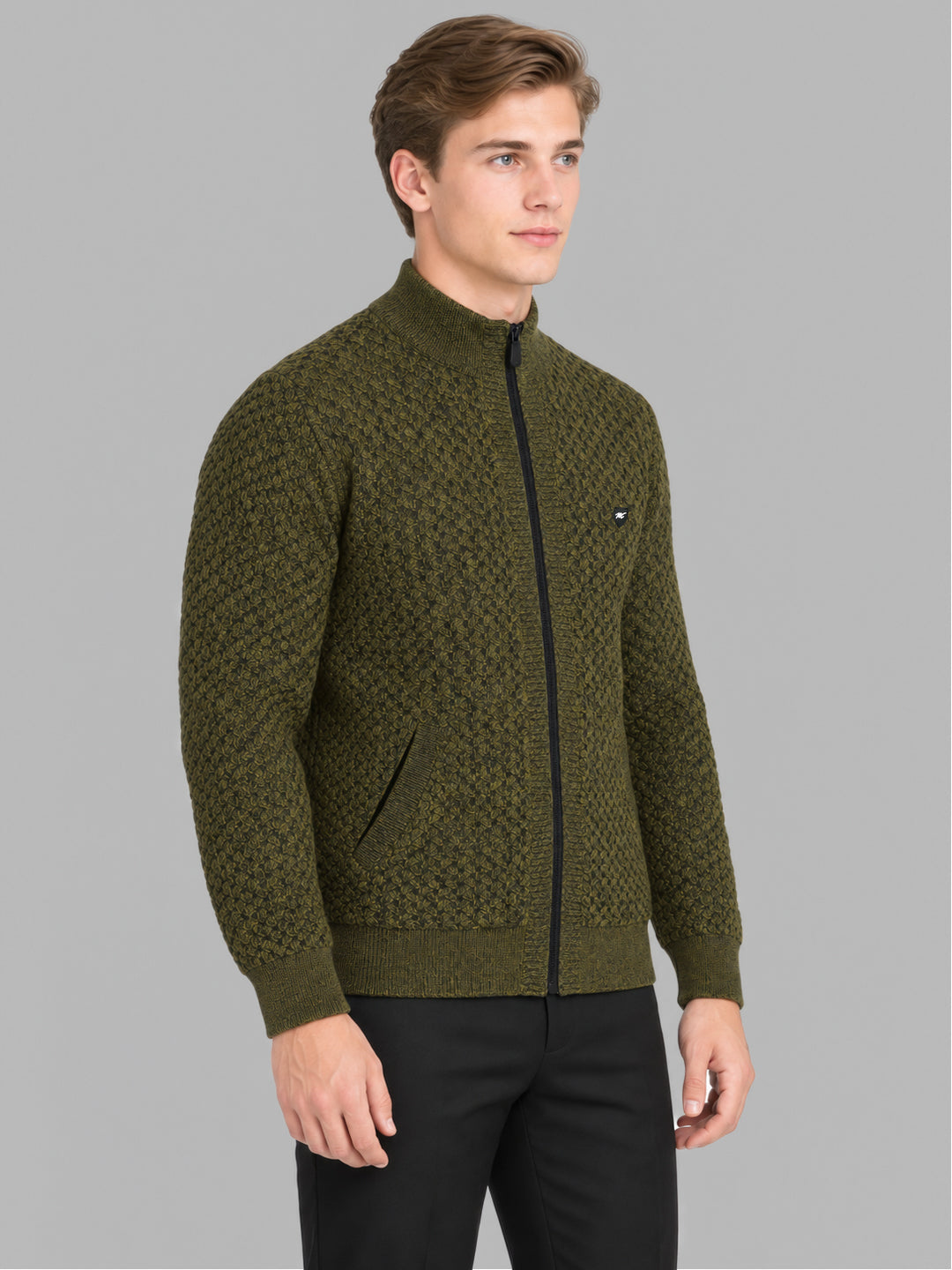 Men Green Self Design Collar Full Sleeve Pullover