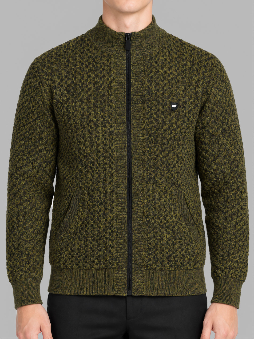 Men Green Self Design Collar Full Sleeve Pullover