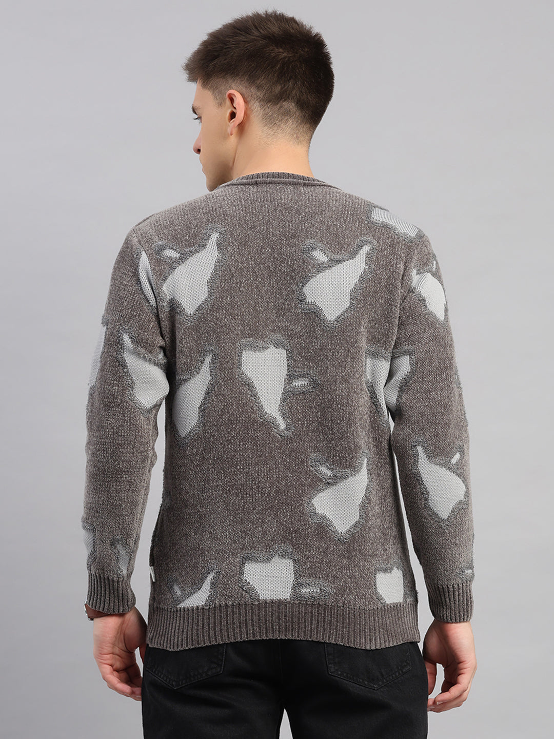 Men Grey Printed Round Neck Full Sleeve Pullover