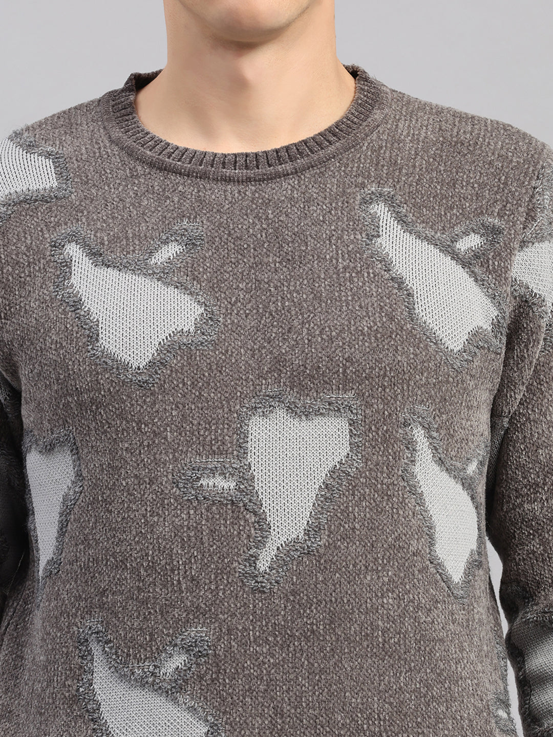 Men Grey Printed Round Neck Full Sleeve Pullover