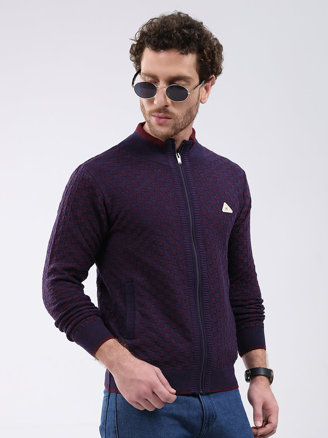 Men Burgundy Self Design Mock Neck Full Sleeve Pullover