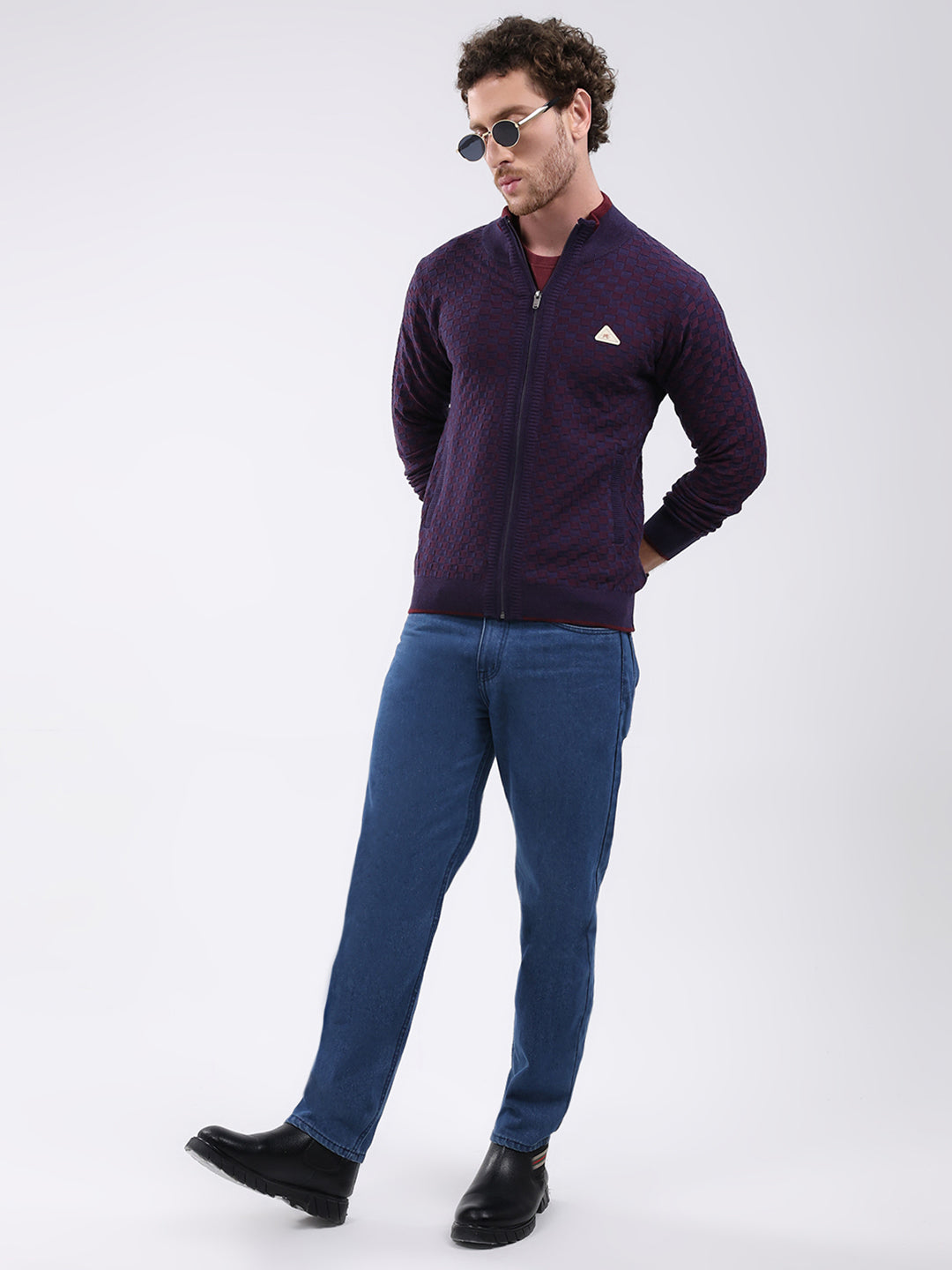 Men Burgundy Self Design Mock Neck Full Sleeve Pullover