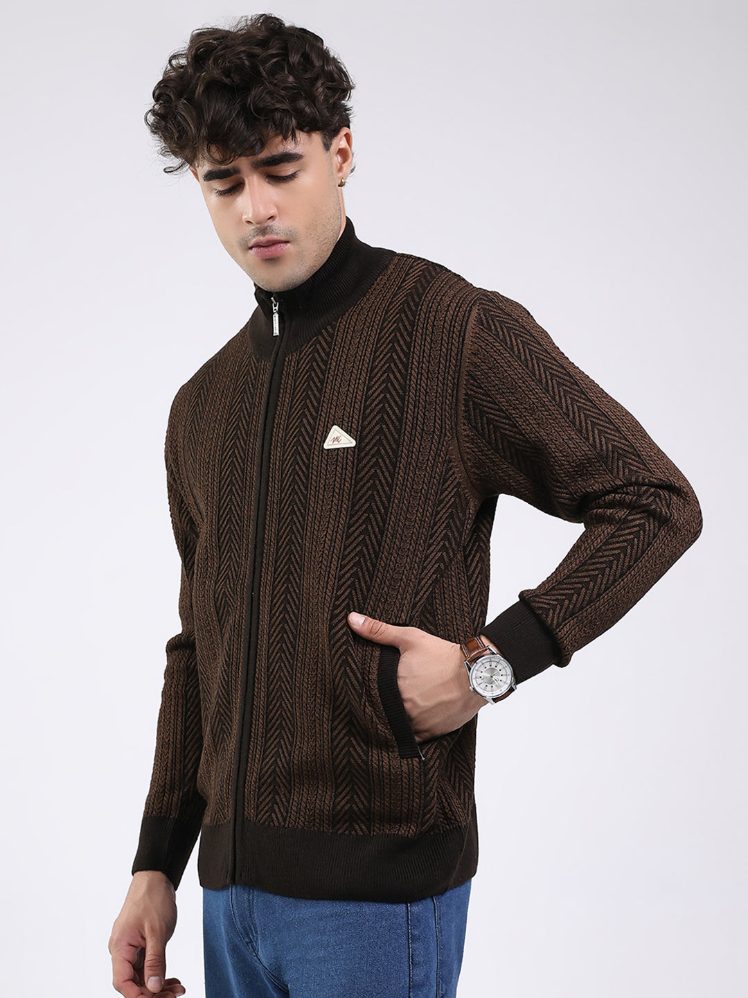 Men Brown Self Design Mock Neck Full Sleeve Pullover