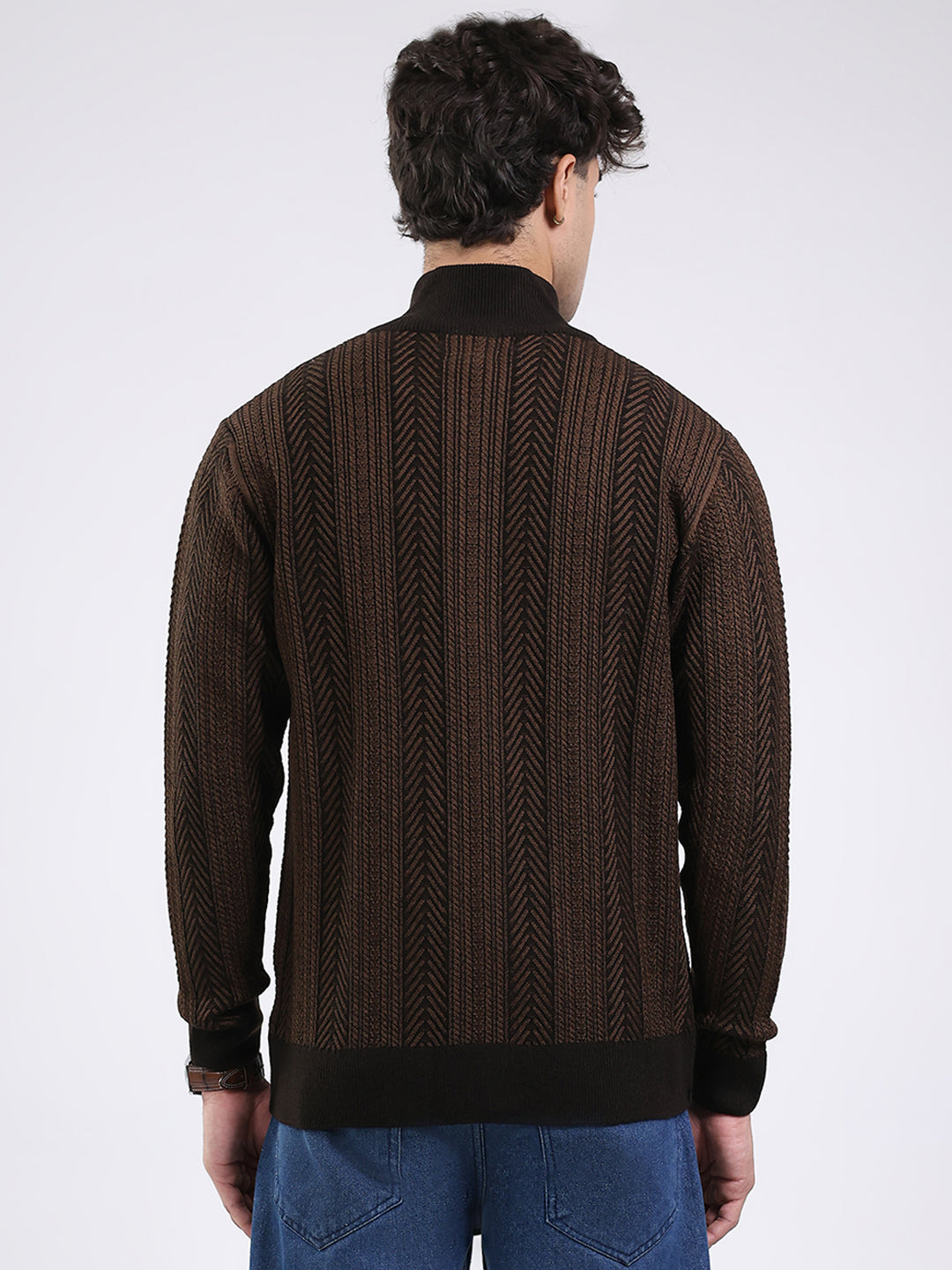 Men Brown Self Design Mock Neck Full Sleeve Pullover