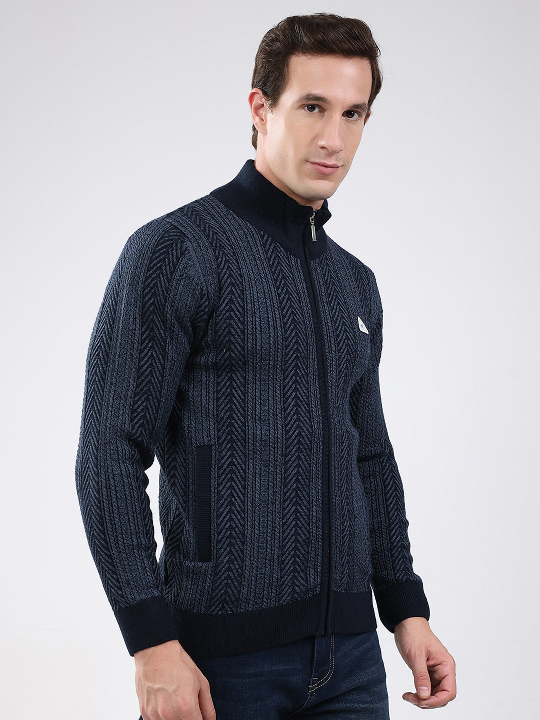 Men Navy Blue Self Design Mock Neck Full Sleeve Pullover