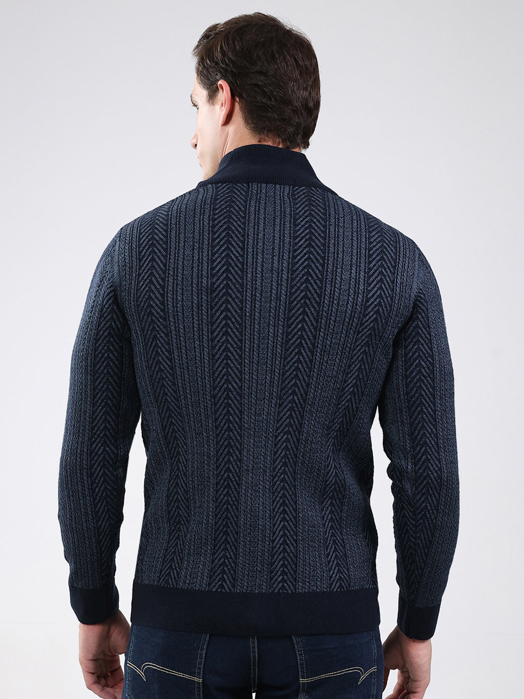 Men Navy Blue Self Design Mock Neck Full Sleeve Pullover