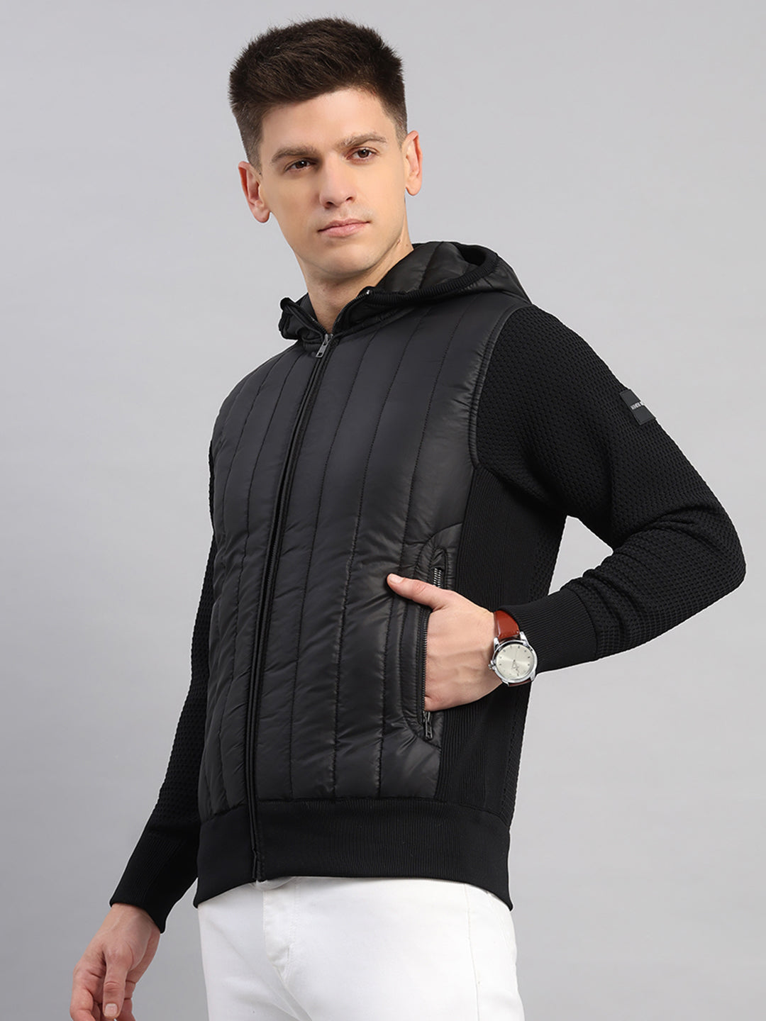 Men Black Self Design Round Neck Full Sleeve Pullover