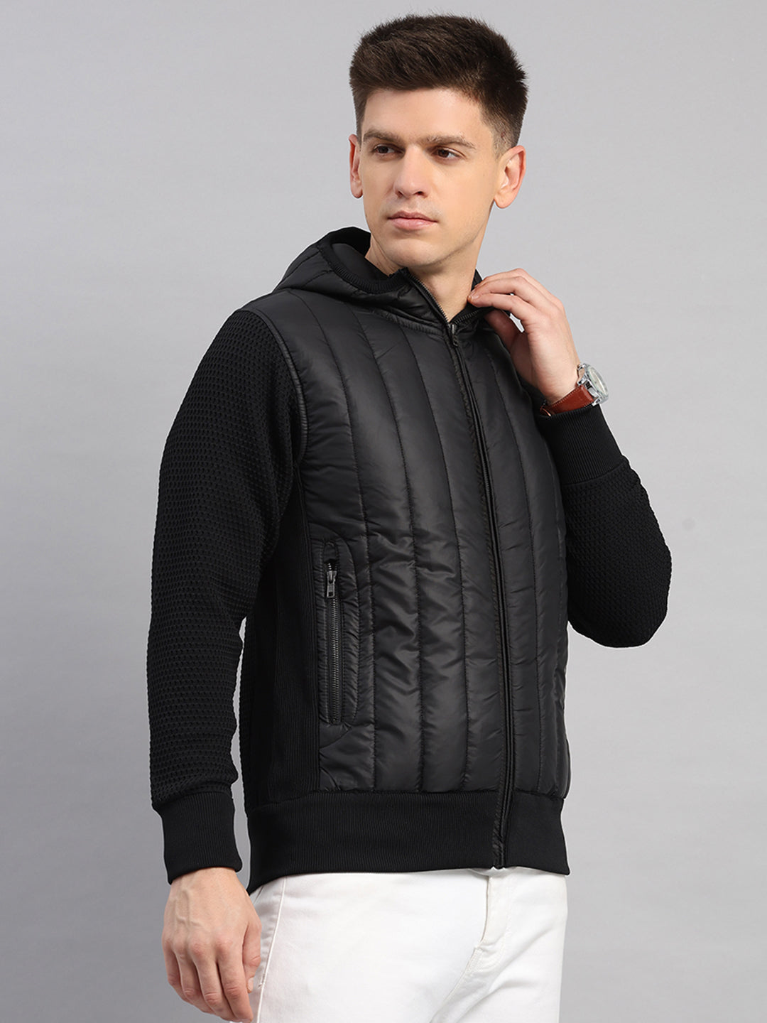 Men Black Self Design Round Neck Full Sleeve Pullover