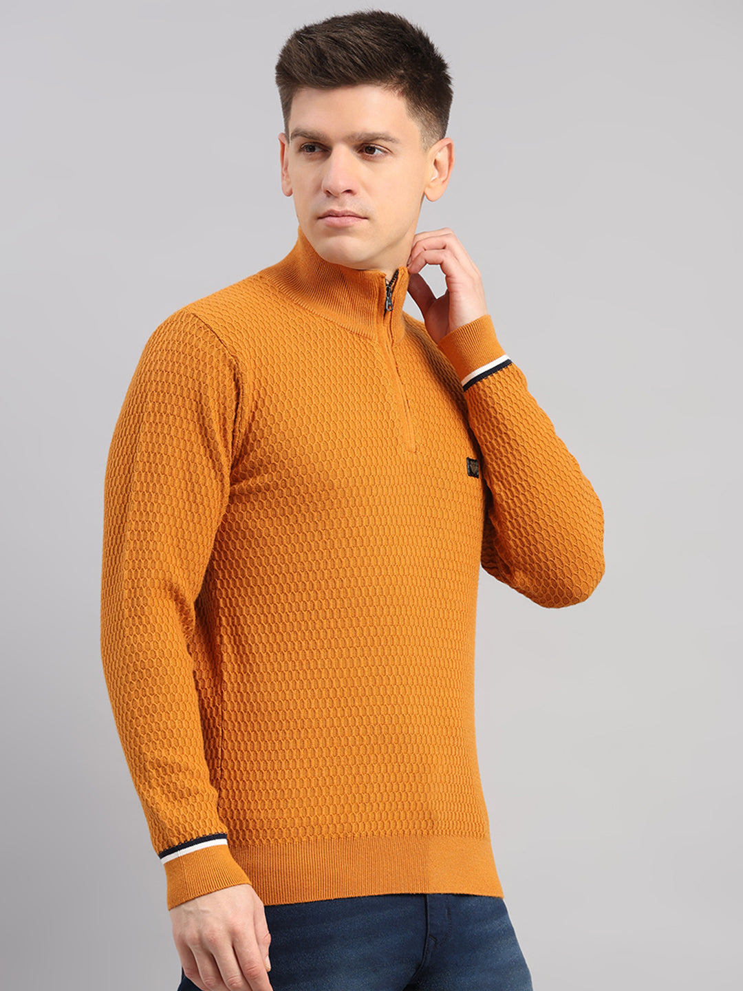 Men Yellow Self Design Round Neck Full Sleeve Pullover