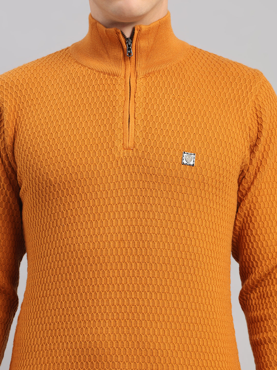 Men Yellow Self Design Round Neck Full Sleeve Pullover